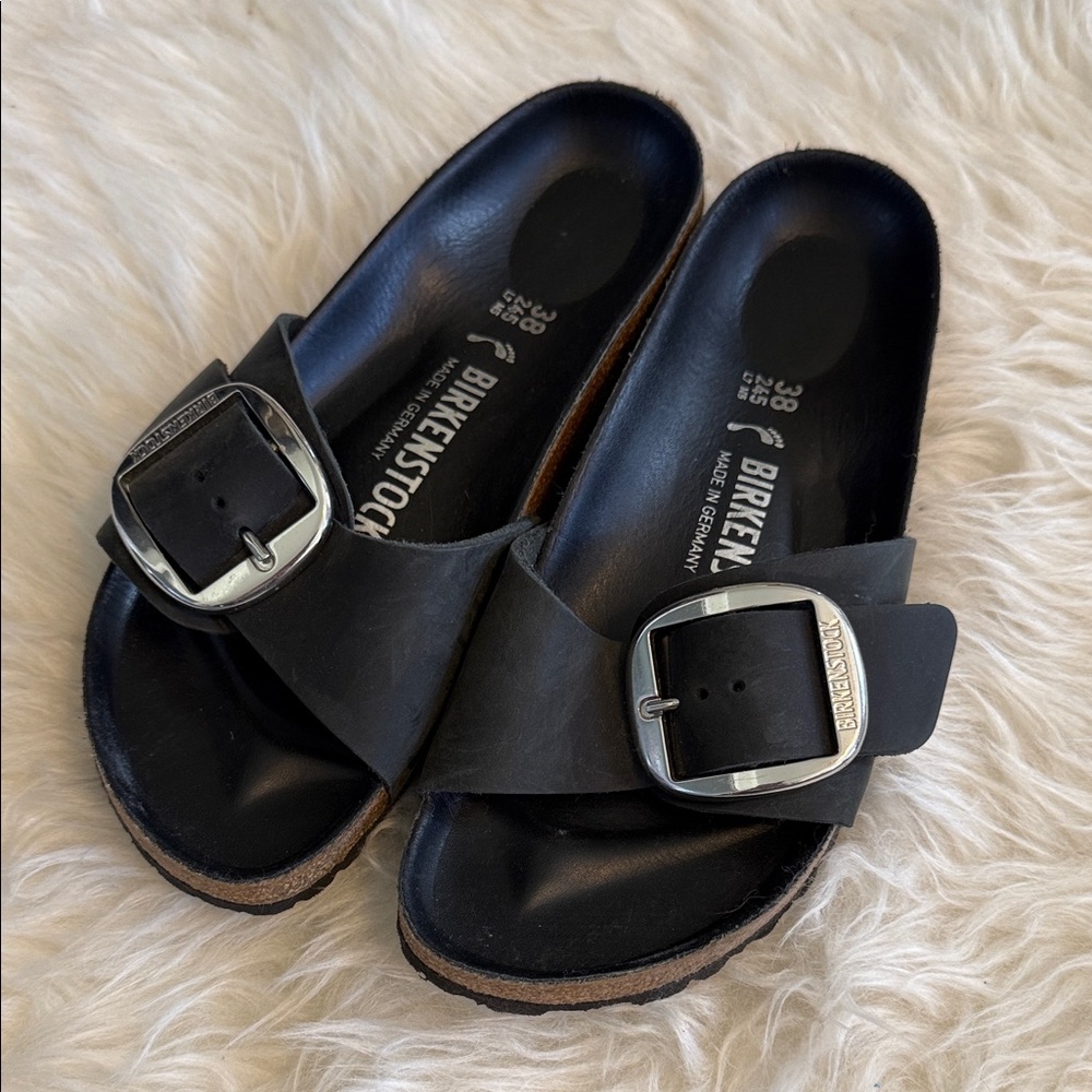 Birkenstock Black Madrid Single-Buckle Slide Sandals with Silver Buckles